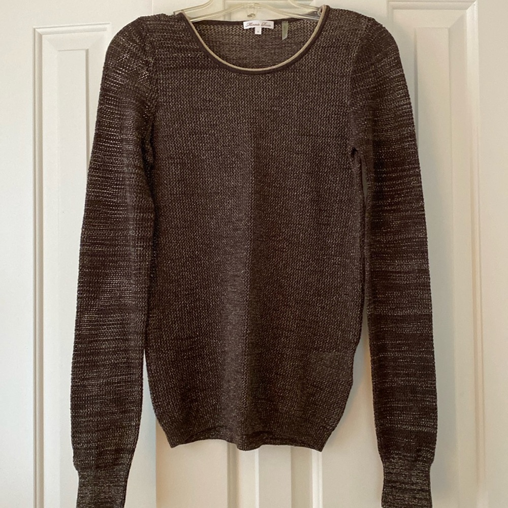 Minnie Rose lightweight brown sweater with metallic gold threads.